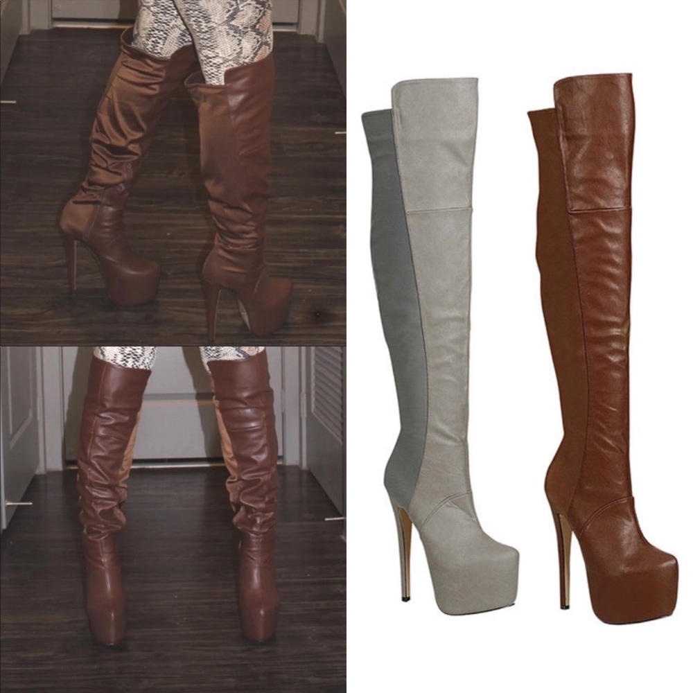 Platform PU Leather Knee High Boots